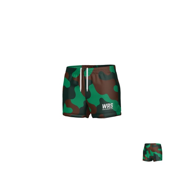Teamatical WRS WOMENS PRO SHORT - CAMO features green and brown camo athletic shorts with white drawstrings and "WRS" text on the left leg, shown in two sizes against a white background.