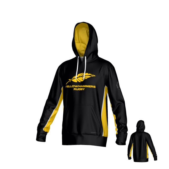 Teamatical Montgomery Yellowhammers Canterbury Kirra Performance Hoody in black and yellow features “Yellowhammers Rugby” and a bird graphic on the front, with yellow side panels and a contrasting yellow hood lining. Front and back views are shown.