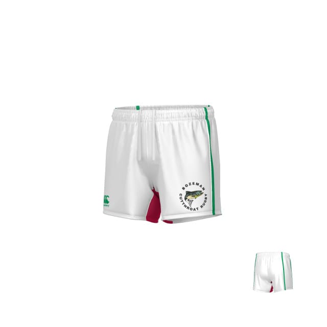 White athletic shorts by Teamatical, called Bozeman Cutthroats Canterbury Yokohama Match Shorts, with green and red accents, a left leg fish graphic, and the "Bozeman Cutthroats" rugby logo.
