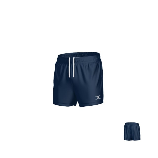 Teamatical Gilbert Pro Match Short in navy blue, featuring a white drawstring and small left leg logo, shown from front and back.