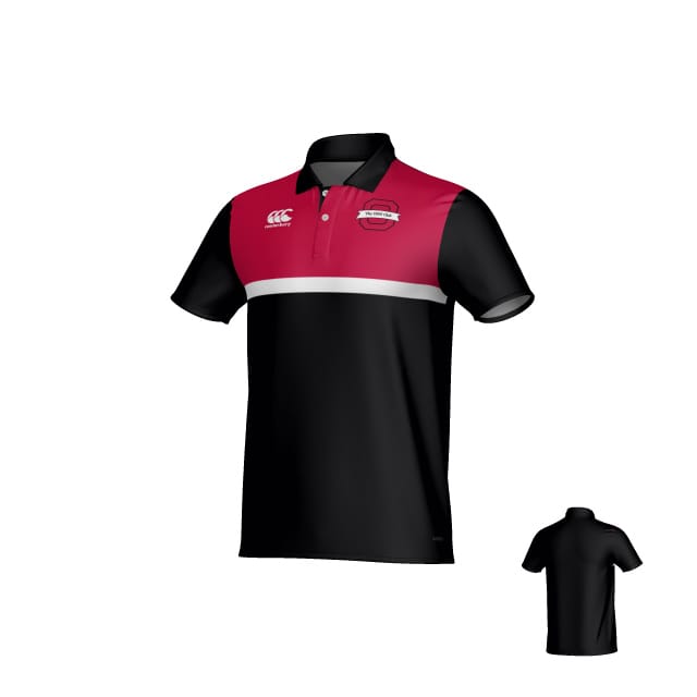 Teamatical Ohio State University Alumni Canterbury Legacy Performance Polo—black and red short-sleeve shirt with a white chest stripe, left and right chest logos. Back view shown in smaller size.