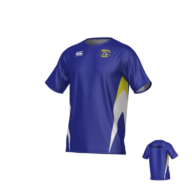 Winchester Cannons Canterbury Hunter Performance Tee by Teamatical in blue, featuring yellow and white side accents, the team crest on the chest, and "Playername" text on the back.