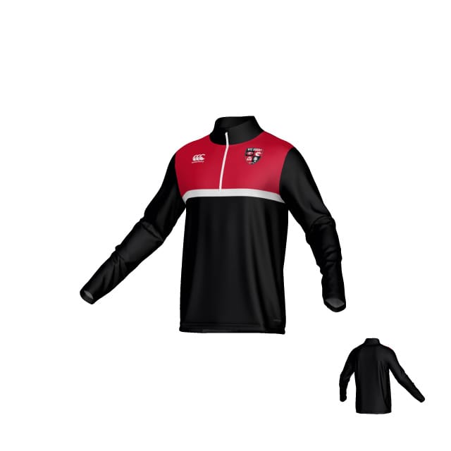 The Rye High School Canterbury Legacy Midlayer 1/4 Zip by Teamatical features a red upper chest panel, black sleeves and body, white zip, and crest logo on the left chest. Back view shown in the lower right corner.