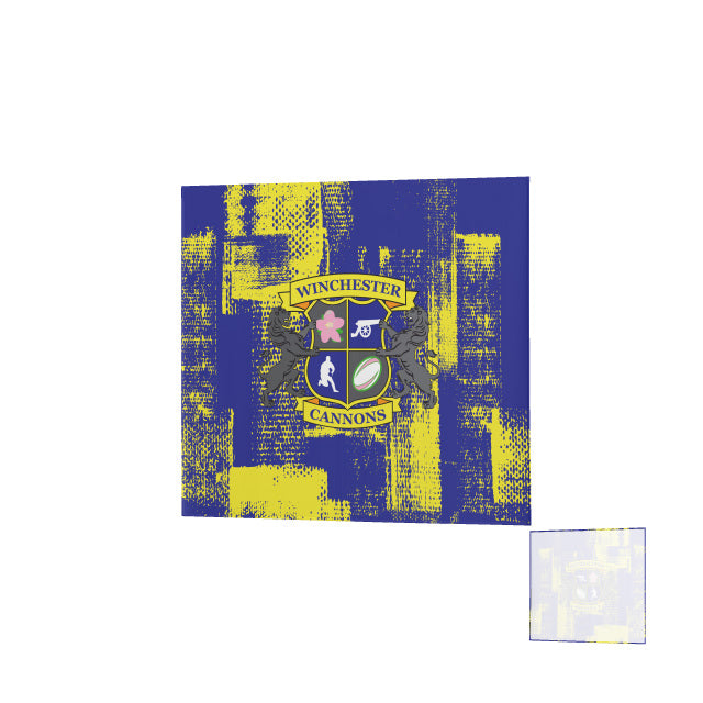 A blue and yellow textured square Winchester Cannons Denver Blanket by Teamatical, featuring a central crest with a shield and various symbols.