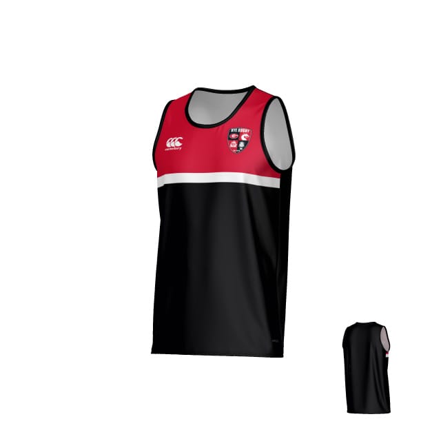 The Rye High School Canterbury Legacy Performance Singlet by Teamatical features black and red colors with a white horizontal stripe, a crest on the left chest, and a white logo on the right; corner shows back view.