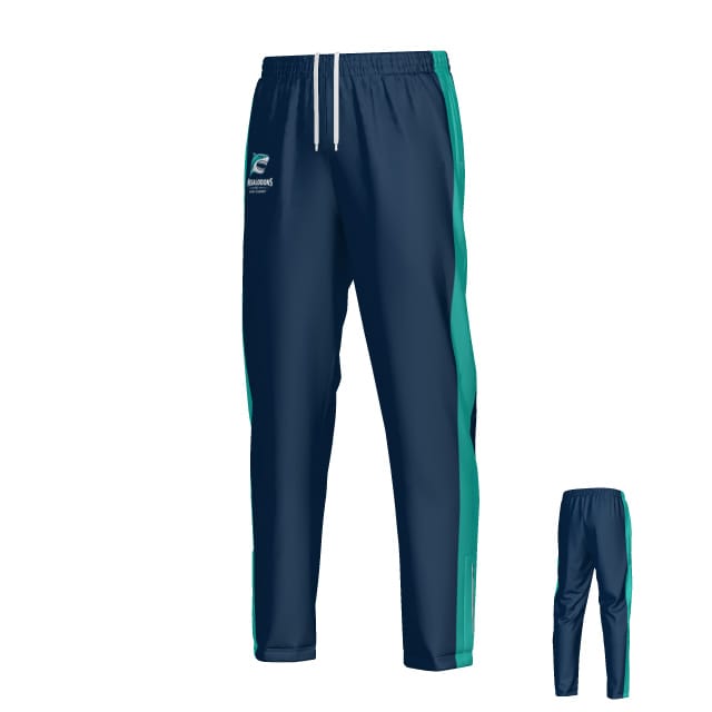 Teamatical NC Megalodons DNA Denver Woven Pants in navy blue with teal side stripes, white drawstring, and a small white logo on the left thigh; front and back views shown.