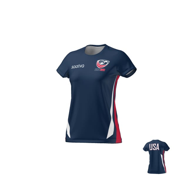 The Teamatical USAWR TRAINING TEE - WMNS is a navy blue athletic tee for women, featuring white and red accents, "USA" printed on the back, and sponsor and logo displayed on the front.