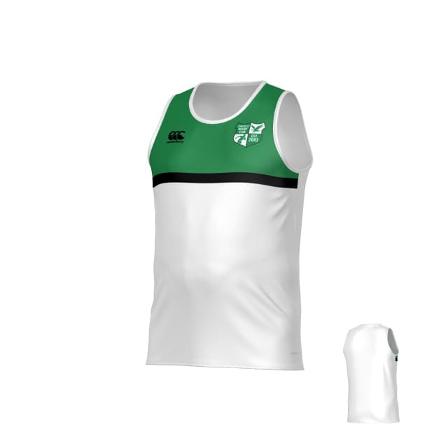 The Teamatical Zionsville Rugby Canterbury Legacy Performance Singlet is a sleeveless jersey with a green upper, black horizontal stripe, white lower section, and logos on the left chest and right shoulder.
