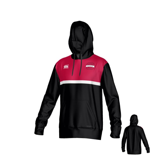 Ohio State University Alumni Canterbury Legacy Performance Hoodie by Teamatical; black and red with a white chest stripe, front pocket, small chest logos, and shown from both front and back.