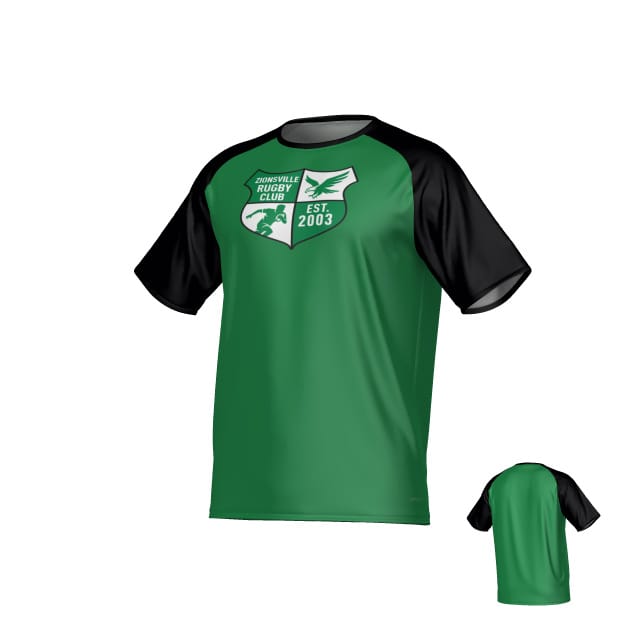 Zionsville Rugby Canterbury Performance Tee by Teamatical features short sleeves, green and black design, "Dinsville Rugby Club" crest, and "EST 2003" on front; displayed from both front and back views.