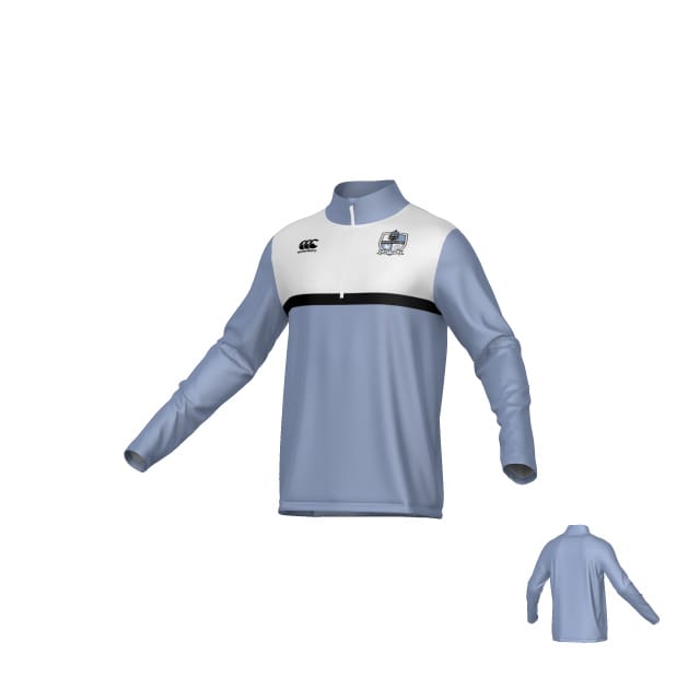 The Teamatical Austin Huns Canterbury Legacy Midlayer 1/4 Zip is a long-sleeve light blue and white pullover featuring a black chest stripe, quarter-zip collar, and logos on the front left and right chest.