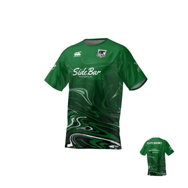 The Birmingham Steel CANTERBURY ECO-SUBLIMATE SS RAGLAN TEE by Teamatical features a green and black marbled design with white text, sponsor logos, a front crest, and a customizable player name area on the back.