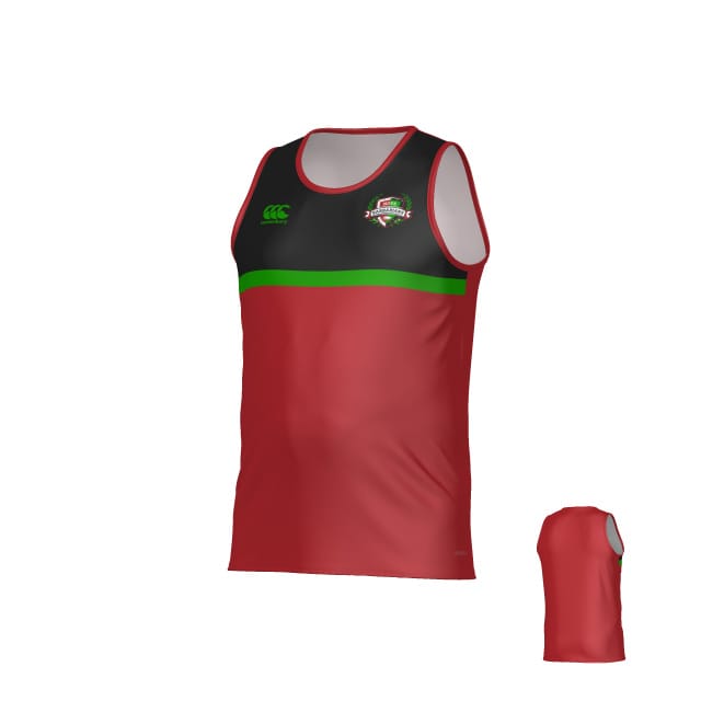 The NOVA Barbarians Canterbury Legacy Performance Singlet by Teamatical features black, green, and red color blocks, a sports logo on the chest, and a small maker's logo on the right shoulder. Back view shown in lower right corner.