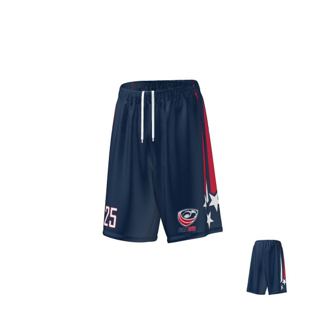 Teamatical USAWR MATCH SHORTS: Navy blue athletic shorts featuring a white drawstring, red and white side stripe, white stars, number 25, and a circular logo on the front.