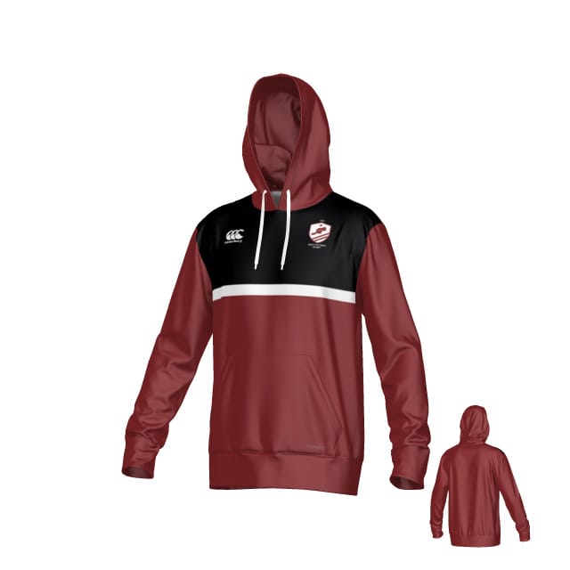 Teamatical West Potomac Canterbury Legacy Performance Hoodie: maroon and black with a white chest stripe, white drawstrings, front pocket, small shield logo on the upper left. Back view shown.