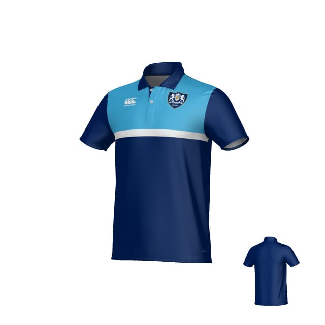 The Teamatical Villanova Rugby Canterbury Legacy Performance Polo features short sleeves, dark and light blue colors with a white horizontal stripe, chest logos, and a collar.