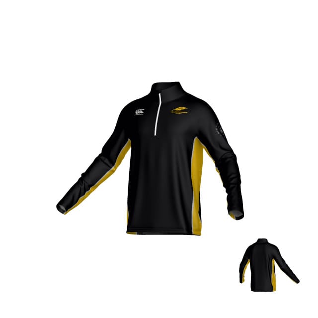 The Teamatical Montgomery Yellowhammers Canterbury Kirra Mid-layer 1/4 Zip is a black and yellow long-sleeve athletic pullover featuring a quarter-zip front and a logo on the chest, displayed from both front and back angles against a white background.