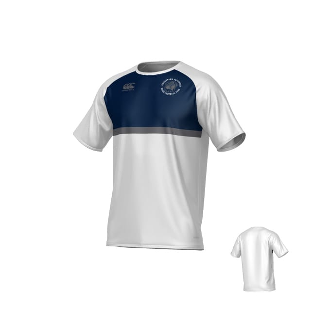 The Georgetown University RFC Canterbury Legacy Performance Tee by Teamatical is a white athletic shirt with a navy blue panel across the shoulders and chest, a grey stripe, two front logos, and a plain white back.