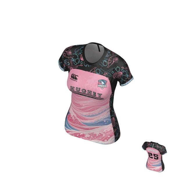 The Teamatical SWFL Lady Hammerheads Test Fit Maka Match Jersey is a short-sleeved rugby top with pink, white, and black abstract patterns, sponsor logos, and the number 25 on the back.