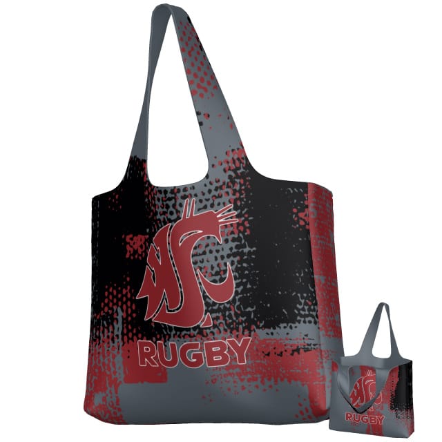 The Teamatical Washington State Rugby DNA Packable Zip Tote features a maroon and gray graphic with the WSU cougar logo and "RUGBY" on the front—ideal for Washington State Rugby fans.