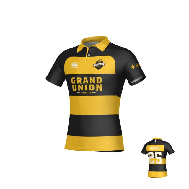 The Teamatical Chicago Riot Canterbury Kaha Test Jersey - Hooped features black and yellow hoops, the "Grand Union" logo on the front, team badge on the chest, and "PLAYERNAME 25" printed on the back.