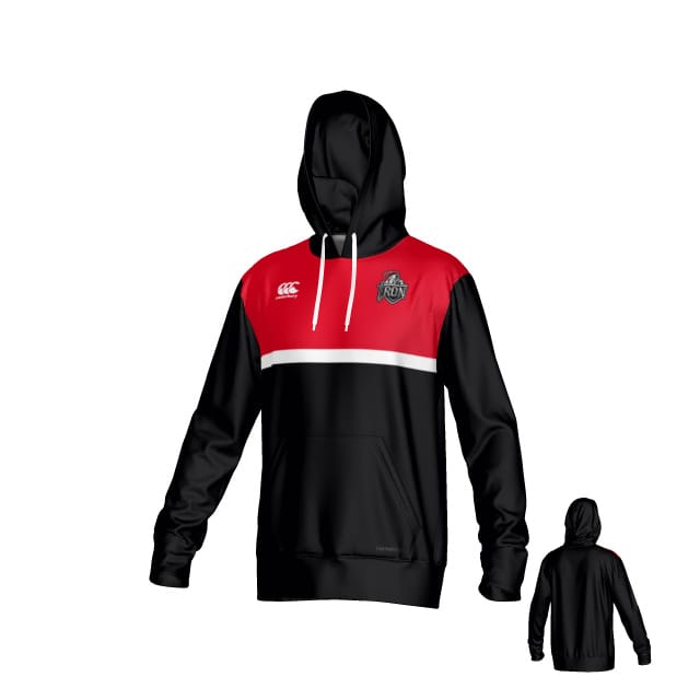 The Birmingham Iron Women's Football Canterbury Legacy Performance Hoodie by Teamatical features black and red colors, a white chest stripe, team logo on the upper left, front pocket, and includes images of both front and back views.