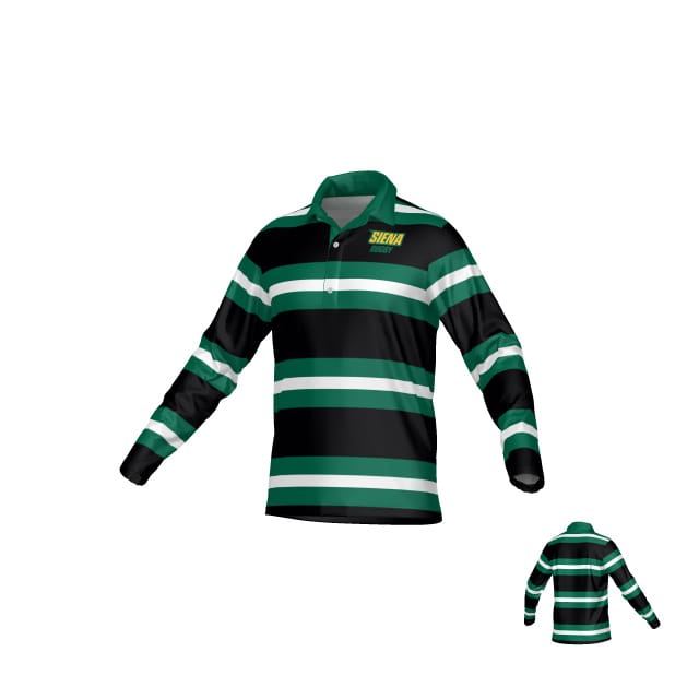 The Teamatical Siena College DNA LS Pique Polo Shirt features black, green, and white stripes, a green collar, and a "SIENA Rugby" chest logo. The breathable fabric ensures all-day comfort. Back view included.