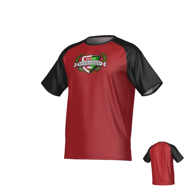 The NOVA Barbarians Canterbury Performance Tee by Teamatical is a short-sleeved sports jersey with black sleeves, a red body, the "NOVA Barbarians" logo on the chest, and a plain red back.