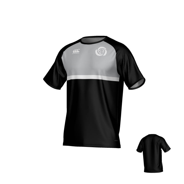 The Missoula All-Maggots Canterbury Legacy Performance Tee by Teamatical is a black and gray short-sleeve athletic shirt featuring a white chest stripe, the logo on the left chest, and a small logo on the right. The back view is also displayed.