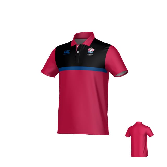 The Teamatical Portland RFC Canterbury Legacy Performance Polo features short sleeves, a pink body, black upper chest and shoulders, a blue horizontal stripe, a left-chest logo, and a solid pink back.