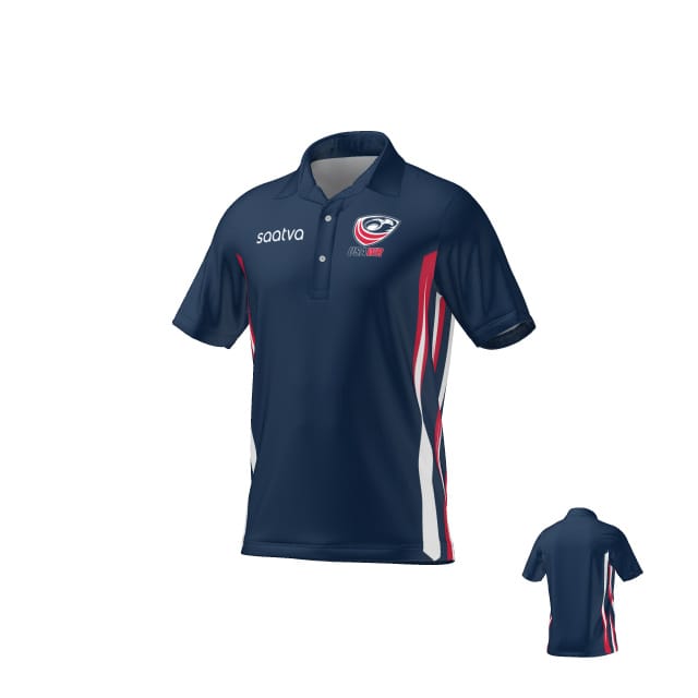 Teamatical USAWR PERFORMANCE POLO in navy blue features short sleeves, white, red, and gray accents, with logos on the front left and right chest; back view included.