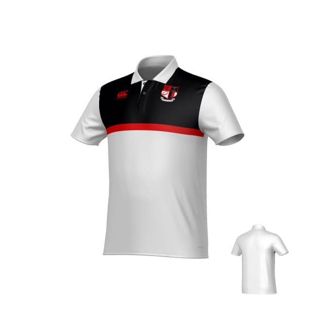 The Amoskeag Rugby Club Canterbury Legacy Performance Polo by Teamatical features a white short-sleeve design with a black upper chest panel, red stripe, and left chest logo; the back is plain white.