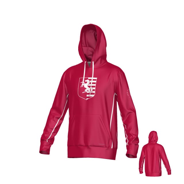 The Teamatical New Saint Andrews College Ashdown Canterbury Kirra Performance Hoody is a red, hooded sweatshirt featuring a white stylized lion and stripes emblem on the front, with white accent lines running down the sleeves and sides; both front and back views are shown.