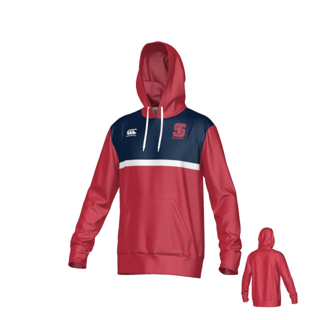 The St. Ignatius Rugby Canterbury Legacy Performance Hoodie by Teamatical features a red and navy design with white drawstrings, chest stripe, "CS Rugby" logo, kangaroo pocket, Canterbury branding; shown front and back.