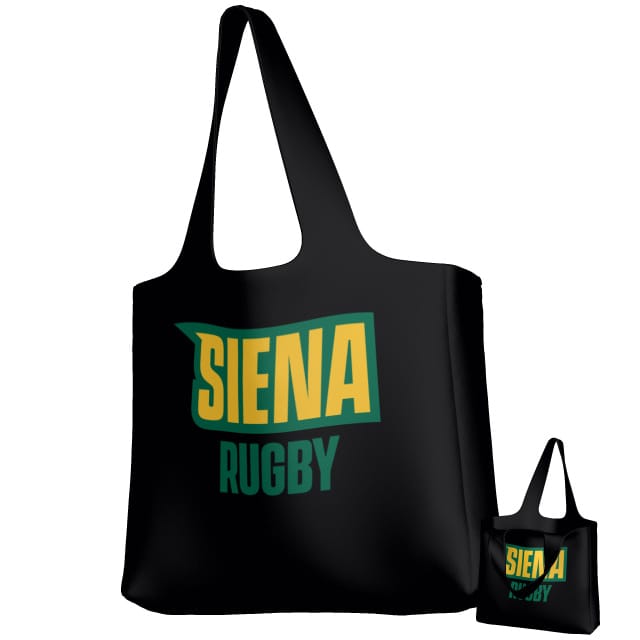 The Teamatical Siena College DNA Packable Zip Tote features bold yellow and green "SIENA RUGBY" lettering, plus an included packable sports bag for carrying essentials on the go.