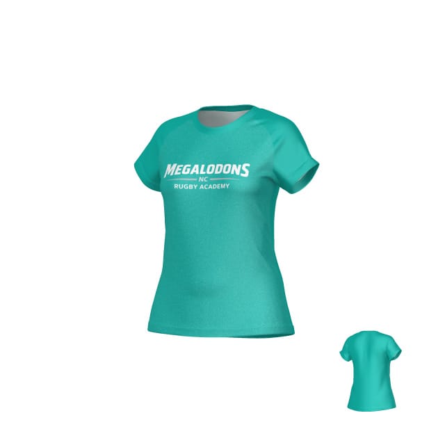 The Teamatical NC Megalodons DNA Sydney Crew Performance Tee - Women's is a teal, moisture-wicking short-sleeve shirt with "MEGALODONS NC RUGBY ACADEMY" in white on the front, shown from both front and back views.