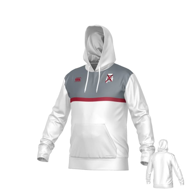 The Teamatical University of Alabama Rugby Canterbury Legacy Performance Hoodie features white and gray colors, a red chest stripe, front pocket, and a small crest logo on the upper left side.