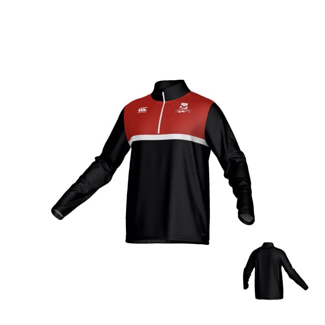 The Alabama Rugby Alliance Canterbury Legacy Midlayer 1/4 zip by Teamatical features black and red long sleeves, a quarter-zip front, white logo and branding on the chest, plus a small back view image.