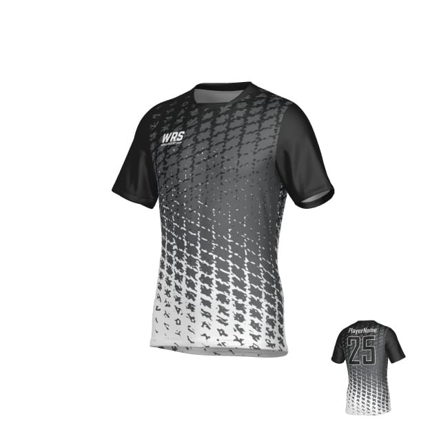 The Teamatical WRS MENS PRO JERSEY - CROSSHATCH is a short-sleeve sports jersey featuring a black-to-white gradient, textured pattern, "WRS" logo on the front, and "PlayerName 25" on the back.