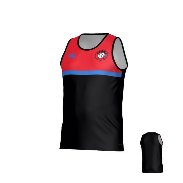 The Mudsock Rugby Canterbury Legacy Performance Singlet by Teamatical features a red upper, blue stripe, black lower section, team logo on the left chest, brand logo on the right chest; smaller back view also shown.