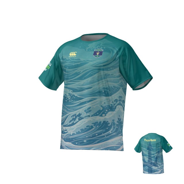 The Teamatical UNCW Women's Rugby Canterbury Performance Shirt features a teal and blue wave pattern, short sleeves, chest and sleeve logos, and “PlayerName” on the back.