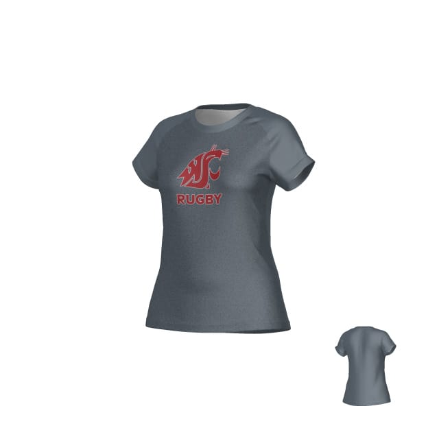 The Teamatical Washington State Rugby DNA Sydney Crew Performance Tee for women features a gray design with a red cougar logo and "RUGBY" on the front, moisture-wicking fabric for comfort, and a plain back.