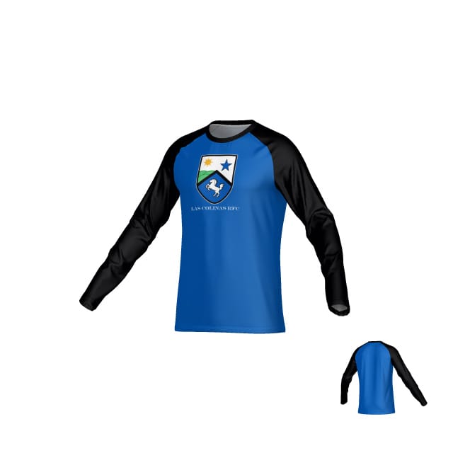 Blue and black Las Colinas DNA Sydney LS Crew Tee by Teamatical, long-sleeve with "SAN COLMAN FC" crest and horse logo on the front; shows both front and back views.