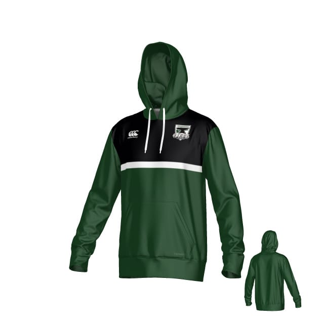The Birmingham Steel Rugby Canterbury Legacy Performance Hoodie by Teamatical features green and black colors, a white stripe, front kangaroo pocket, white drawstrings, small chest logos, and a back view shown in the smaller image.