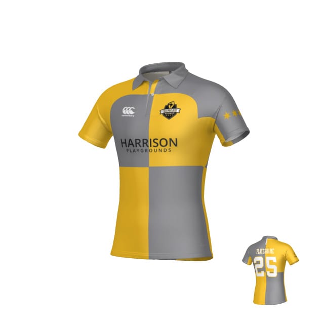 The Teamatical Chicago Riot Canterbury Kaha Test Jersey - Harlequin features yellow and gray quadrants, a team logo, "Harrison Playgrounds" sponsor, and player name and number 25 on the back.