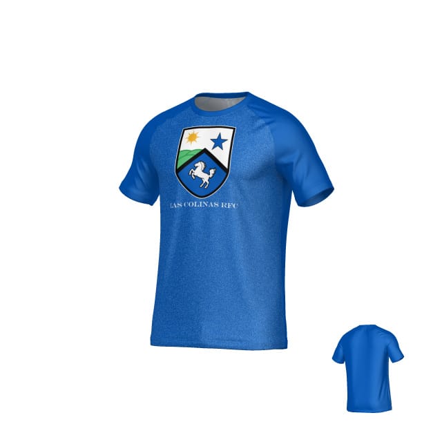 The Teamatical Las Colinas DNA Crew Performance Tee is a blue short-sleeve athletic shirt with a front crest (horse, star, sun) and plain back. Perfect moisture-wicking tee for rugby training sessions.