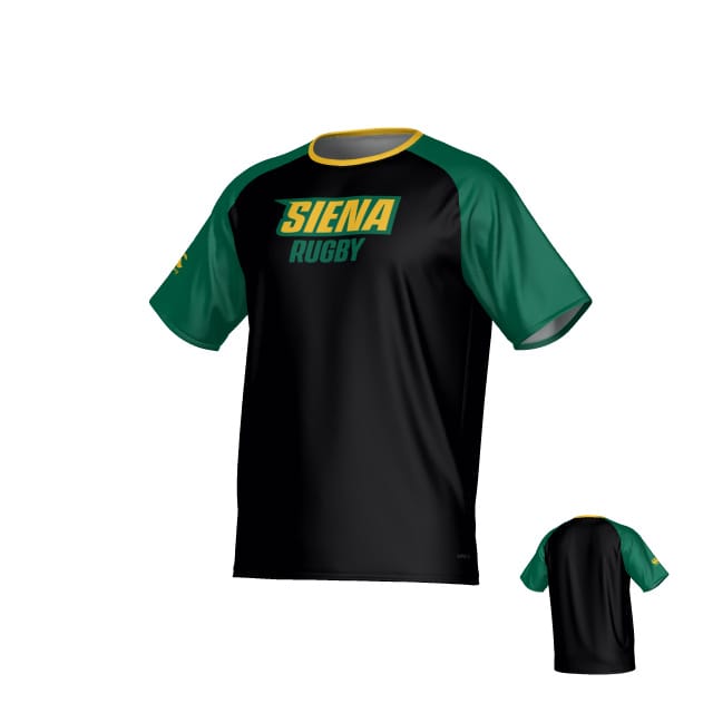 The Teamatical Siena College Canterbury Performance Tee features green short sleeves, a black body, yellow collar trim, and "SIENA RUGBY" text on the chest. Back view included.
