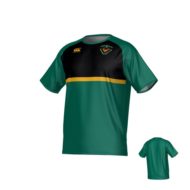 The San Francisco Golden Gate Canterbury Legacy Performance Tee by Teamatical features black and yellow accents, a crest on the left chest, and a small logo on the right chest; back view shown in lower right corner.