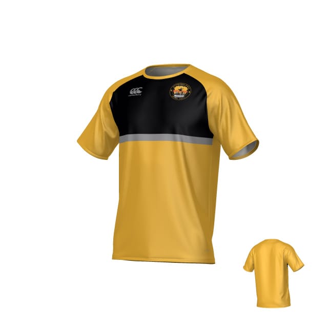 The Pittsburgh Forge Canterbury Legacy Performance Tee by Teamatical is a yellow and black short-sleeved sports jersey with a white stripe, featuring logos on both chests. Back view included in the inset.