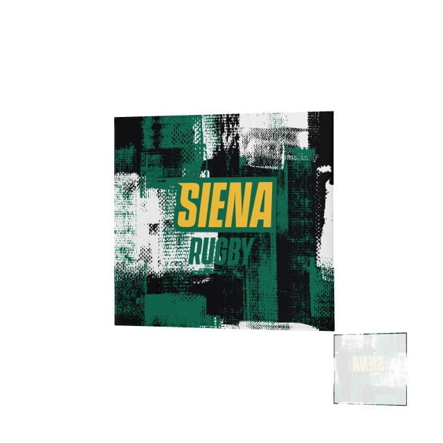 Rectangular graphic with abstract green, white, and black brush strokes features "SIENA RUGBY" in yellow and green, highlighting the Siena College DNA Denver Blanket by Teamatical with advanced DNA-Warm Tech Fleece.